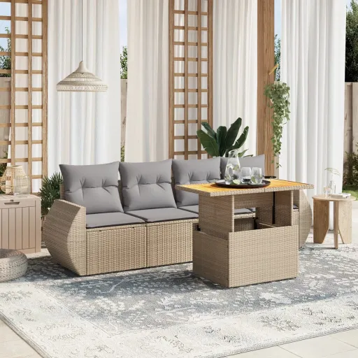 Conjunto de Sofás p/ Jardim com Almofadões Vime PE Bege (5 pcs)