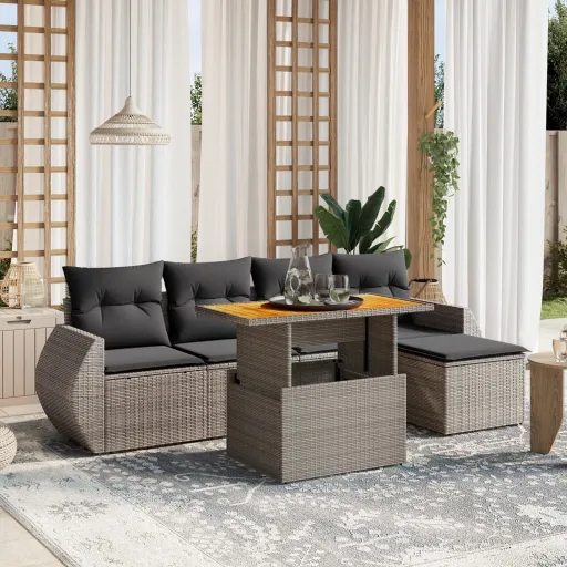 Conjunto Sofás de Jardim com Almofadões Vime Cinzento (6 pcs)