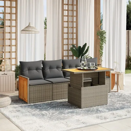 Conjunto Sofás de Jardim c/ Almofadões Vime PE Cinzento (5 pcs)