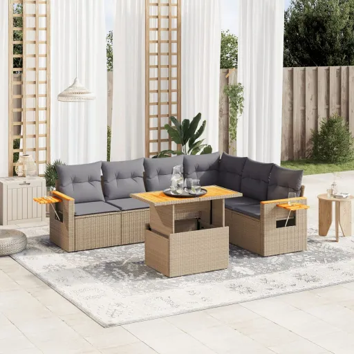 Conjunto de Sofás p/ Jardim com Almofadões Vime PE Bege (7 pcs)