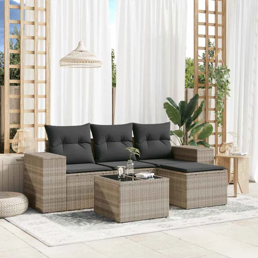 Conj. Sofás Jardim c/ Almofadões Vime PE Cinzento-Claro (5 pcs)