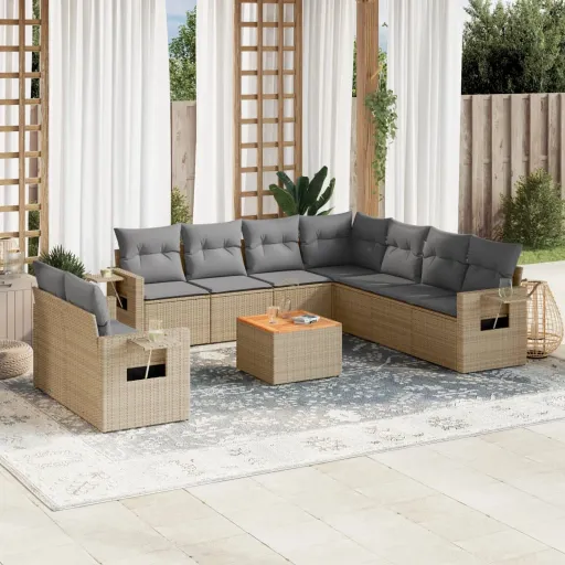 Conj. Sofás Jardim c/ Almofadões Vime PE Bege Misturado (10 pcs)