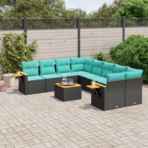 Conjunto de Sofás p/ Jardim c/ Almofadões Vime PE Preto (9 pcs)