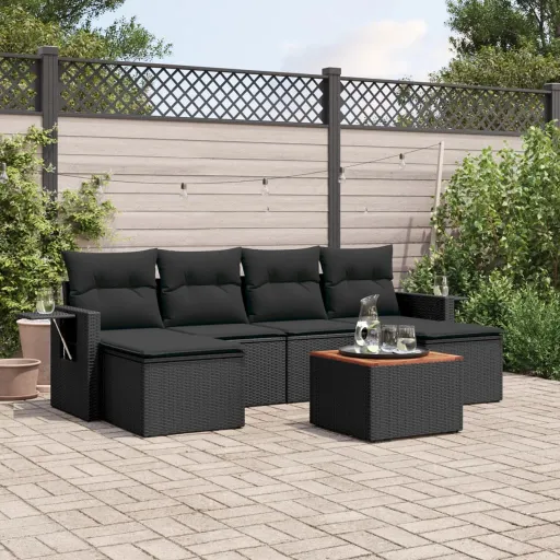 Conjunto de Sofás p/ Jardim c/ Almofadões Vime PE Preto (7 pcs)