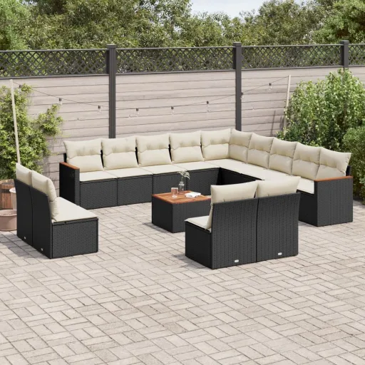 Conjunto de Sofás p/ Jardim c/ Almofadões Vime PE Preto (14 pcs)