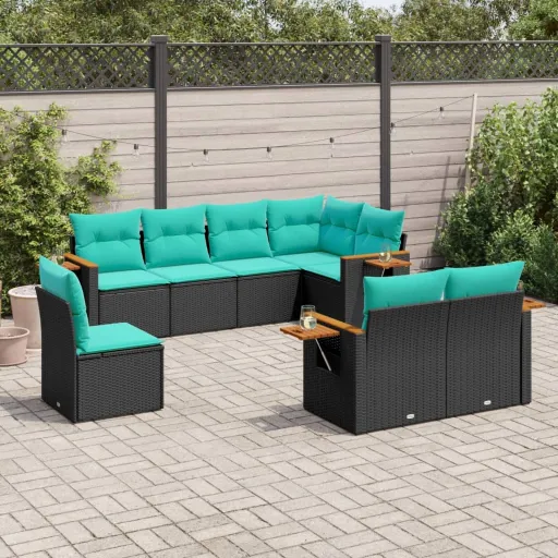 Conjunto de Sofás p/ Jardim c/ Almofadões Vime PE Preto (8 pcs)