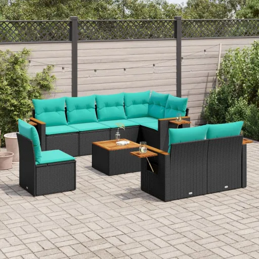 Conjunto de Sofás p/ Jardim c/ Almofadões Vime PE Preto (9 pcs)