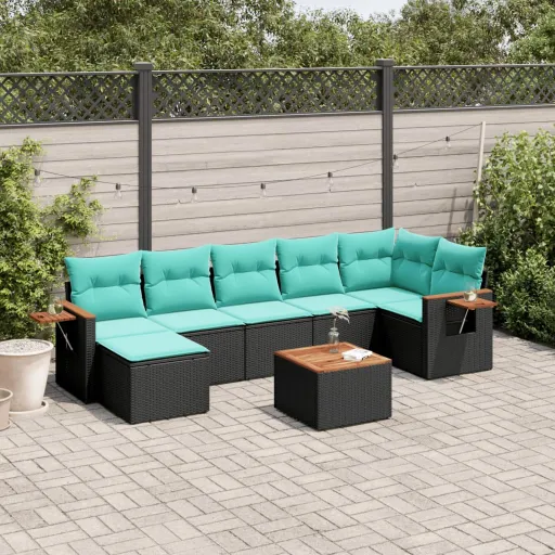Conjunto de Sofás p/ Jardim c/ Almofadões Vime PE Preto (8 pcs)