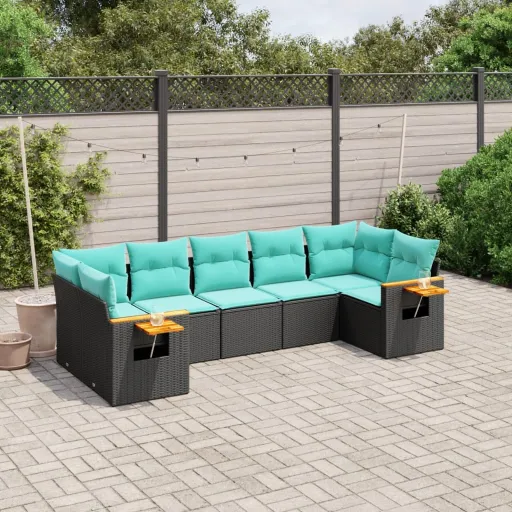 Conjunto de Sofás p/ Jardim c/ Almofadões Vime PE Preto (7 pcs)