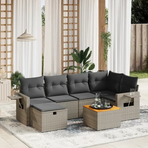 Conjunto Sofás p/ Jardim c/ Almofadões Vime PE Cinzento (7 pcs)