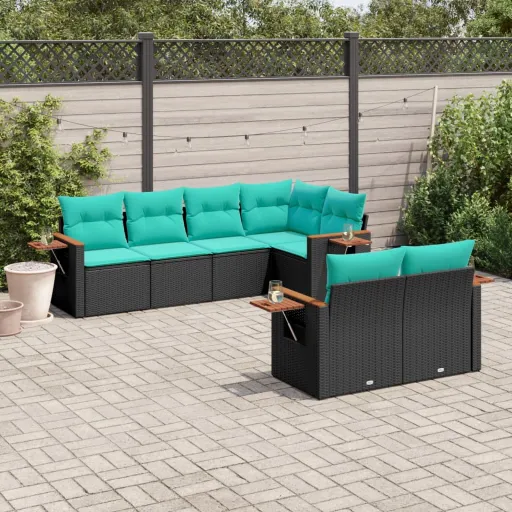 Conjunto de Sofás p/ Jardim c/ Almofadões Vime PE Preto (7 pcs)