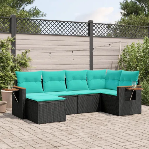 Conjunto de Sofás p/ Jardim c/ Almofadões Vime PE Preto (6 pcs)