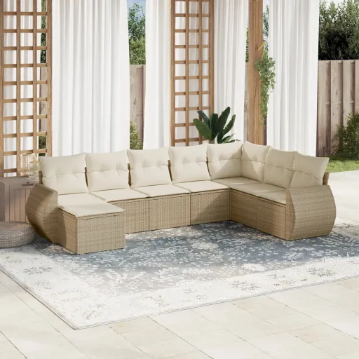 Conjunto de Sofás p/ Jardim com Almofadões Vime PE Bege (8 pcs)