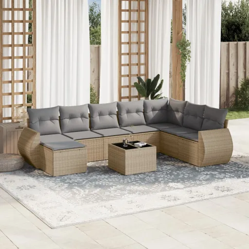 Conjunto de Sofás p/ Jardim com Almofadões Vime PE Bege (9 pcs)