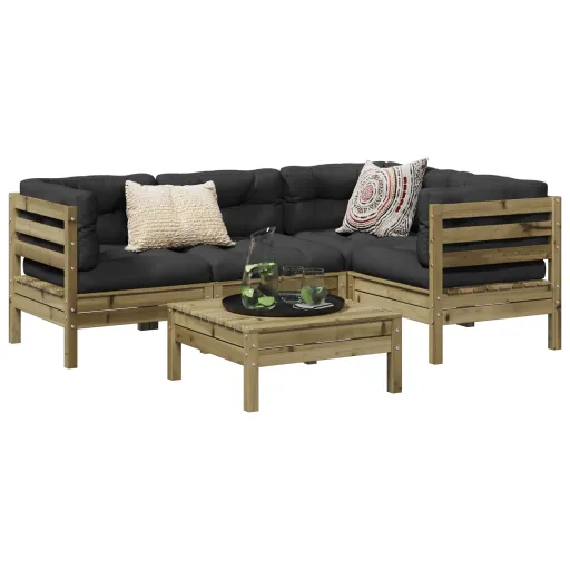 Conjunto Sofás de Jardim c/ Almofadões Pinho Impregnado (5 pcs)