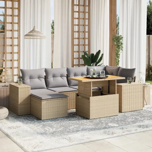 Conjunto de Sofás p/ Jardim com Almofadões Vime PE Bege (7 pcs)