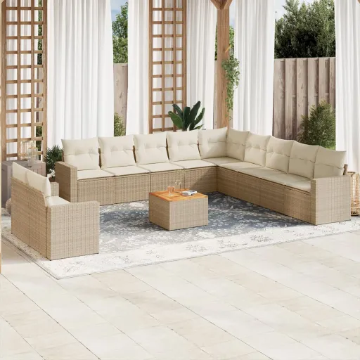 Conjunto de Sofás p/ Jardim com Almofadões Vime PE Bege (12 pcs)