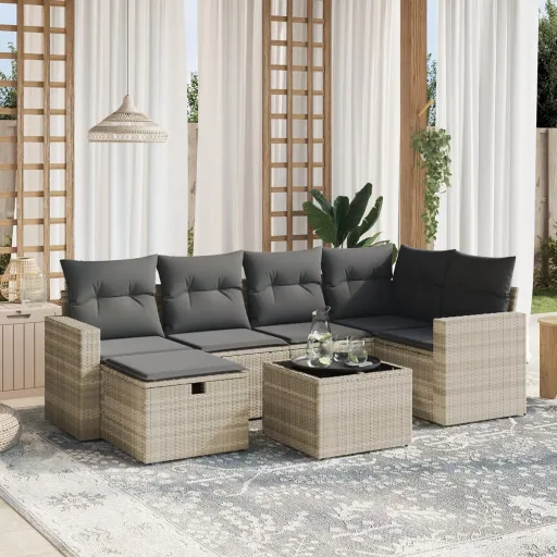 Conj. Sofás Jardim com Almofadões Vime PE Cinzento-Claro (7 pcs)