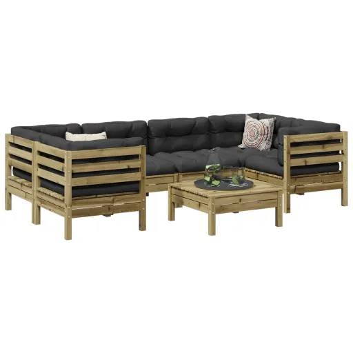 Conjunto Sofás de Jardim c/ Almofadões Pinho Impregnado (7 pcs)