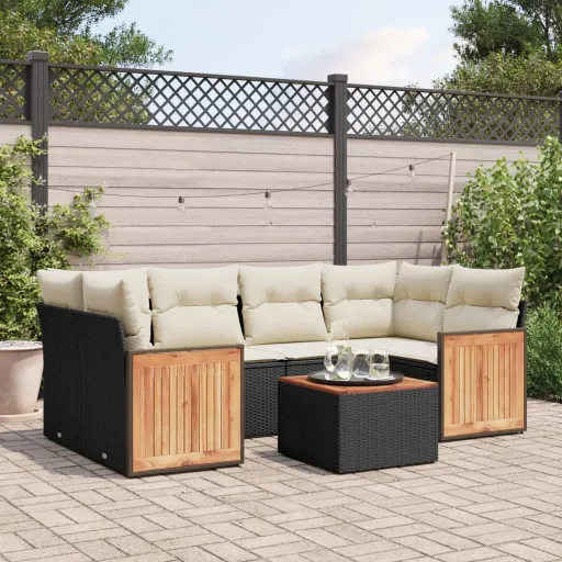 Conjunto de Sofás p/ Jardim c/ Almofadões Vime PE Preto (7 pcs)