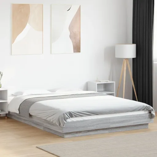 Estrutura de Cama c/ Luzes LED Derivados Madeira Cinza Sonoma