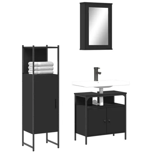 Conjunto Móveis Casa de Banho Derivados de Madeira Preto (3 pcs)