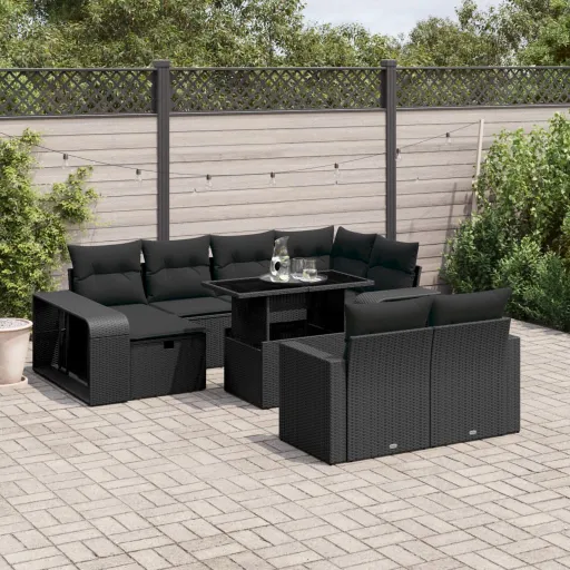 Conjunto Sofás de Jardim c/ Almofadões Vime PE Preto (11 pcs)