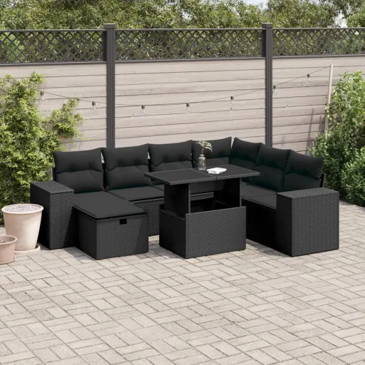 Conjunto Sofás de Jardim com Almofadões Vime PE Preto (8 pcs)