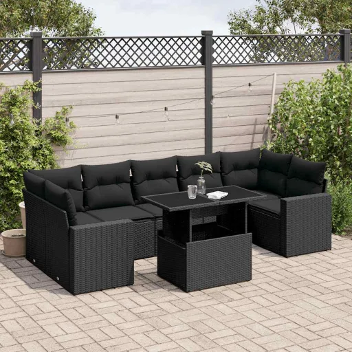 Conjunto Sofás de Jardim com Almofadões Vime PE Preto (8 pcs)