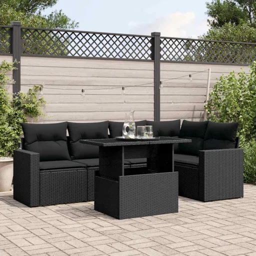 Conjunto Sofás de Jardim c/ Almofadões Vime PE Preto (6 pcs)