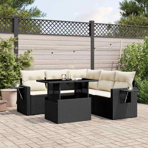 Conjunto Sofás de Jardim c/ Almofadões Vime PE Preto (6 pcs)