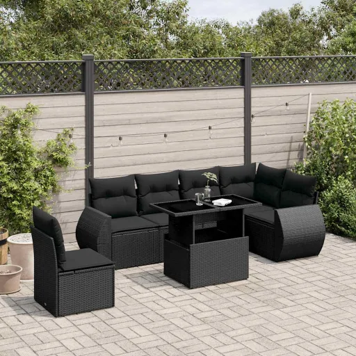 Conjunto de Sofás p/ Jardim c/ Almofadões Vime PE Preto (7 pcs)