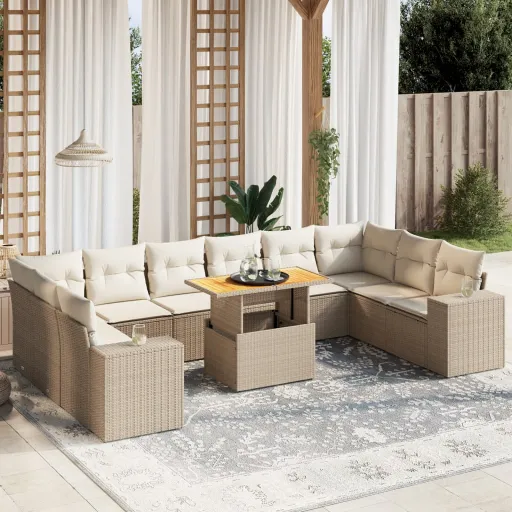 Conjunto Sofás de Jardim c/ Almofadões Vime PE Bege (11 pcs)