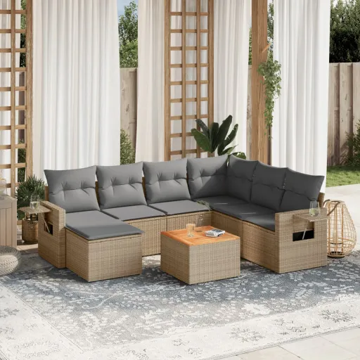 Conjunto de Sofás p/ Jardim com Almofadões Vime PE Bege (8 pcs)