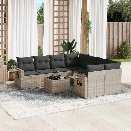 Conj. Sofás Jardim com Almofadões Vime PE Cinzento-Claro (9 pcs)