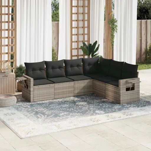 Conj. Sofás Jardim com Almofadões Vime PE Cinzento-Claro (6 pcs)