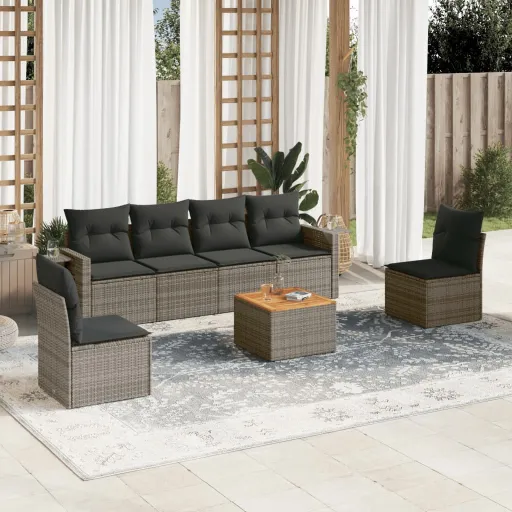 Conjunto Sofás p/ Jardim c/ Almofadões Vime PE Cinzento (7 pcs)