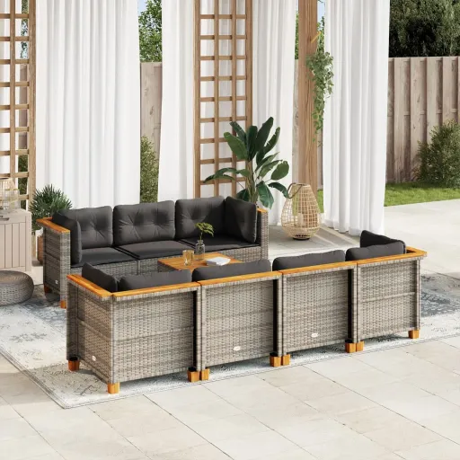 Conjunto Sofás de Jardim c/ Almofadões Vime PE Cinzento (8 pcs)