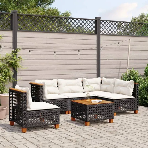 Conjunto Sofás de Jardim c/ Almofadões Vime PE Preto (6 pcs)