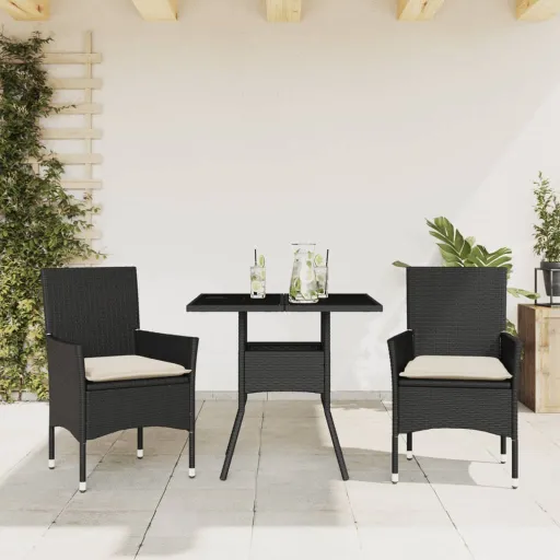 Conjunto Jantar Jardim c/ Almofadões Vime PE/Vidro Preto (3 pcs)
