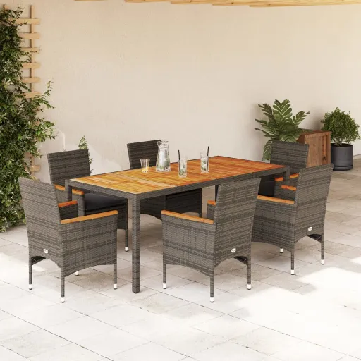 Conjunto Jantar Jardim c/ Almofadões Vime PE/Acácia Cinza (7 pcs)