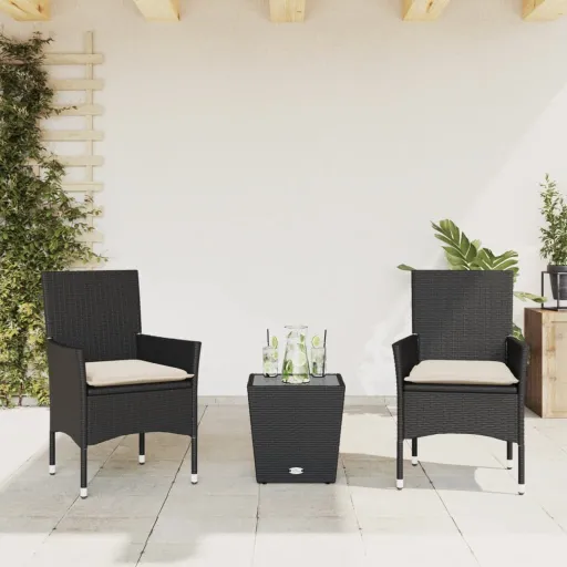 Conjunto de Bistrô com Almofadões Vime PE/Vidro Preto (3 pcs)