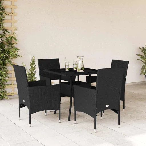 Conjunto Jantar Jardim c/ Almofadões Vime PE/Vidro Preto (5 pcs)