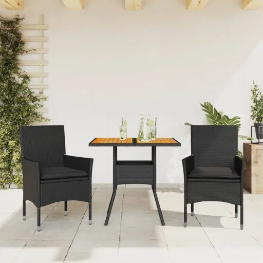 Conjunto Jantar Jardim c/ Almofadões Vime PE/Acácia Preto (3 pcs)