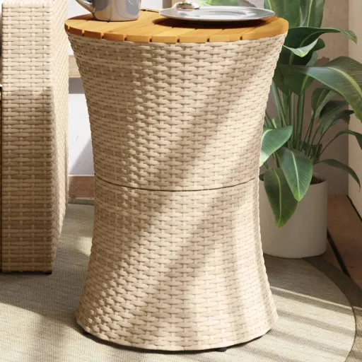 Mesa de Apoio Formato de Djembé Vime PE/Madeira Maciça Bege