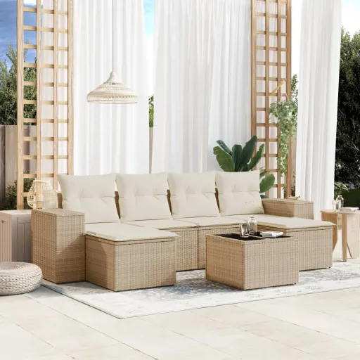 Conjunto de Sofás p/ Jardim com Almofadões Vime PE Bege (7 pcs)