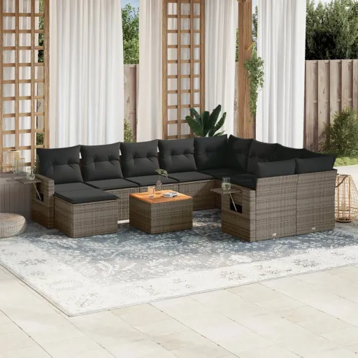 Conjunto Sofás de Jardim c/ Almofadões Vime PE Cinzento (11 pcs)
