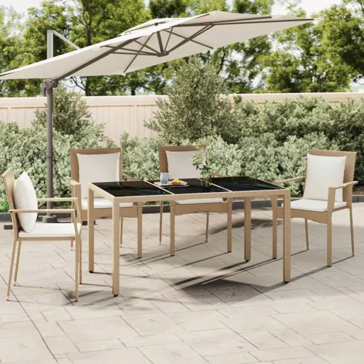 Mesa de Jardim c/ Tampo de Vidro Vime PE/Vidro Temperado Bege