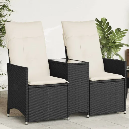 Sofá de Jardim Reclinável 2 Lugares com Mesa Vime PE Preto