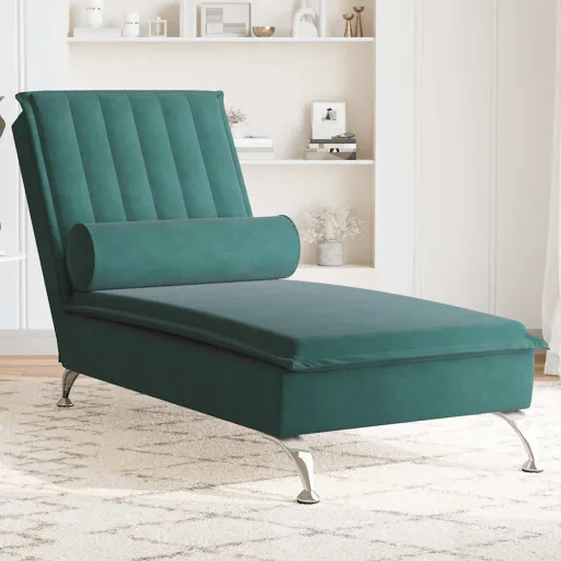 Chaise Lounge de Massagem com Rolo Tecido Verde-Escuro